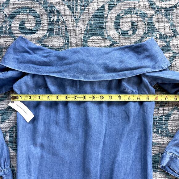 Anthropologie Blue Chambray Off Shoulder Mini Dress - Size 00 - Picture 7 of 8